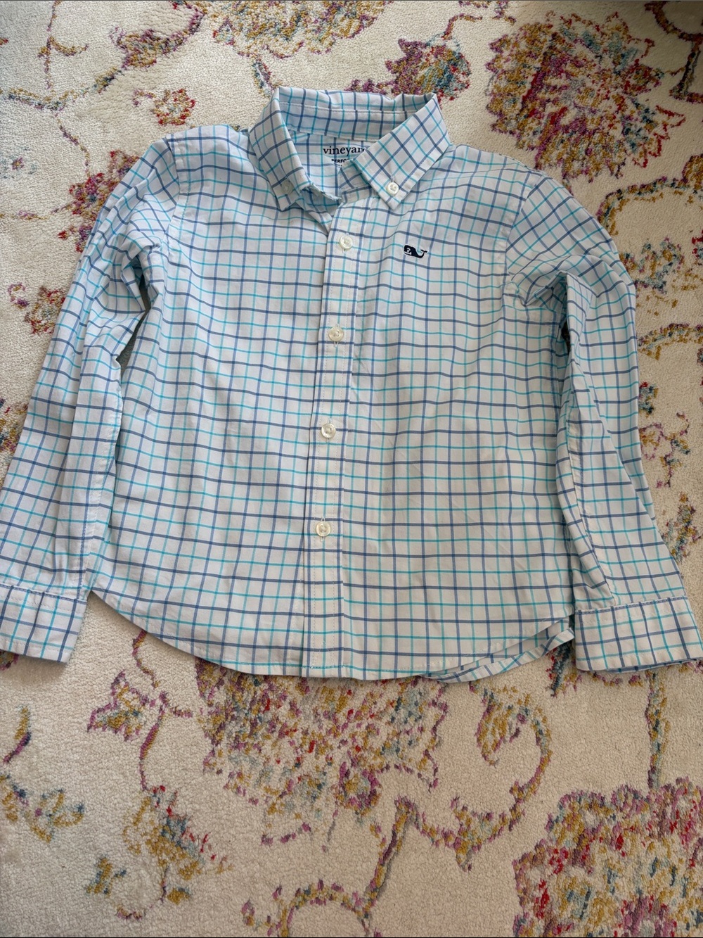 Vineyard Vines Boys White Button-Down Shirt with Light Blue Grid